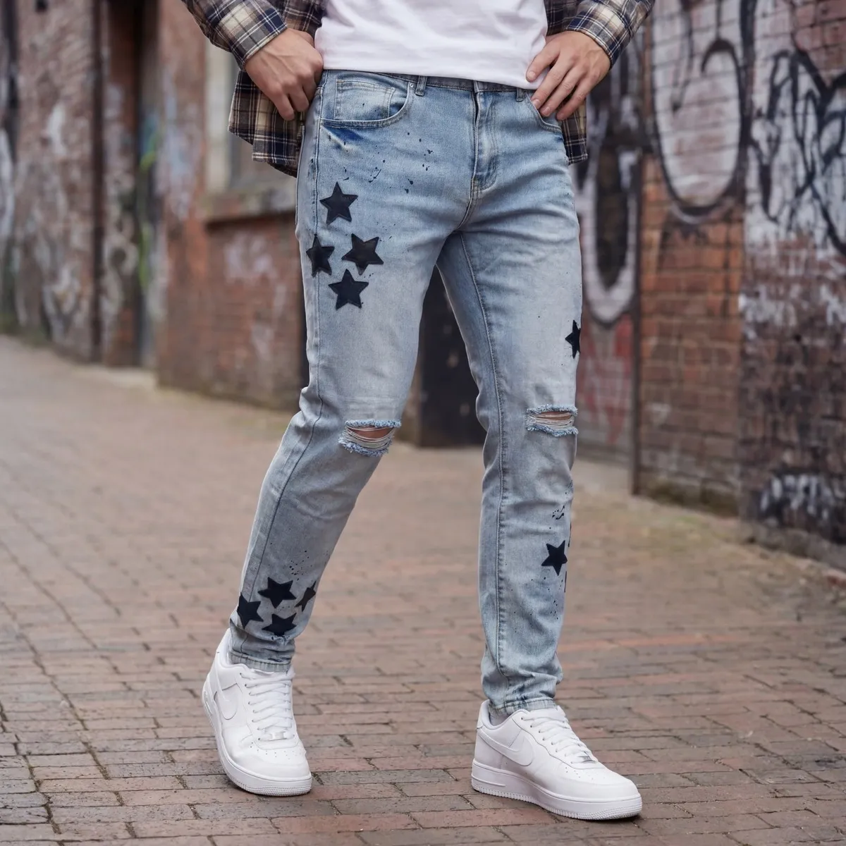 Men Fashion Casual Star Embroidered Tapered Slim-Fit Ripped Denim Jeans
