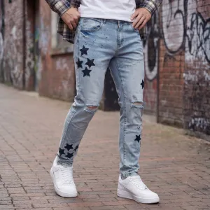 Men Fashion Casual Star Embroidered Tapered Slim-Fit Ripped Denim Jeans