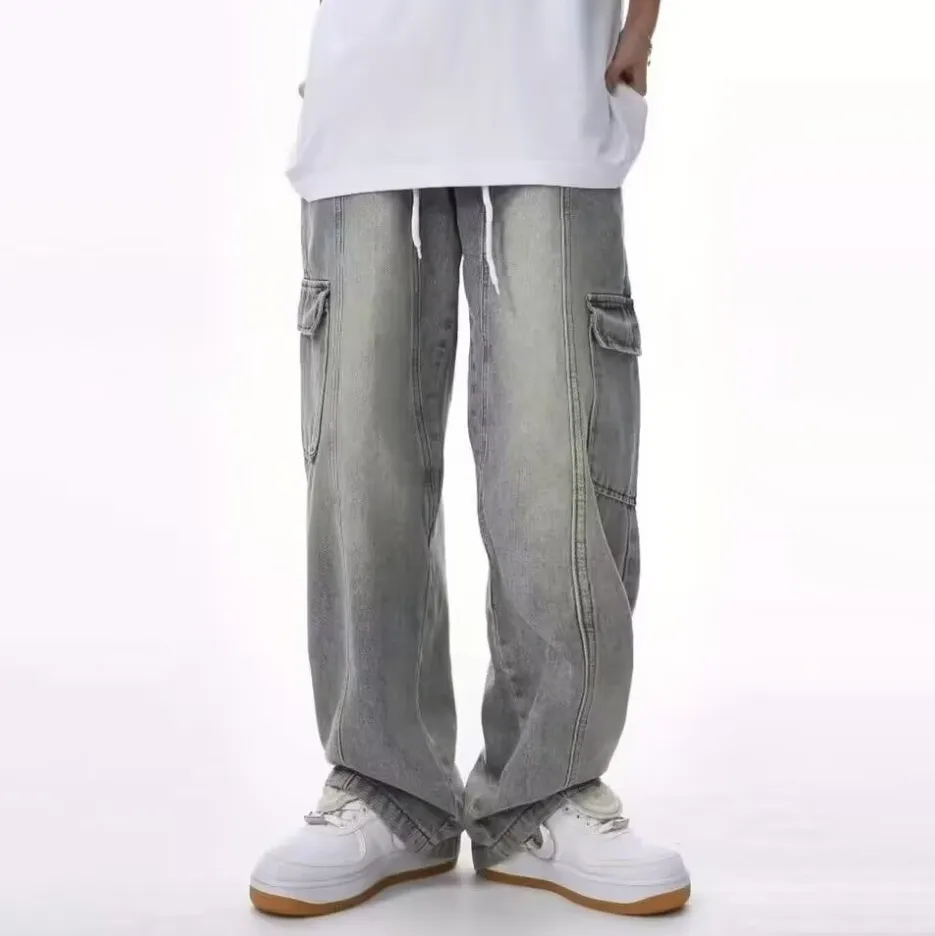 Men Fashion Vintage Casual Drawstring Loose Straight Jeans