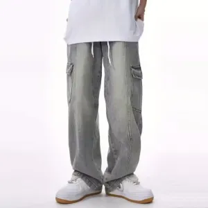 Men Fashion Vintage Casual Drawstring Loose Straight Jeans