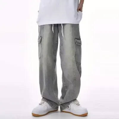 Men Fashion Vintage Casual Drawstring Loose Straight Jeans