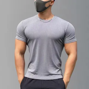 Men Fashion Casual Summer Solid Color Breathable Rib Stripe Short Sleeve T-Shirt