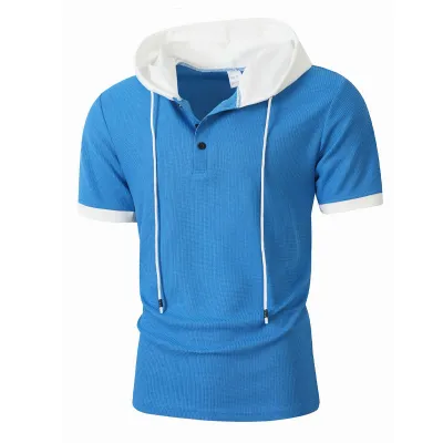 Men'S Casual Summer Waffle Color-Block Drawstring Hooded Short-Sleeve T-Shirt