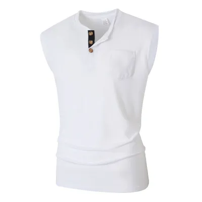 Men's Fashion Casual Summer Solid Color Button Stitching Pocket Lightweight Sleeveless T-Shirt