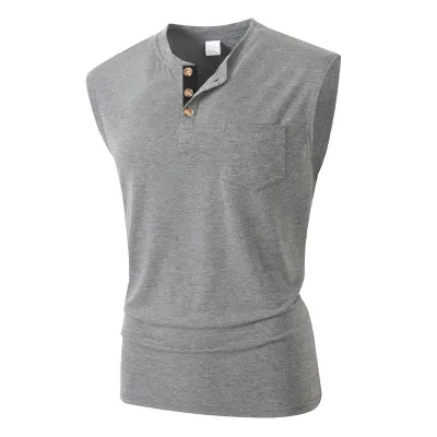 Men's Fashion Casual Summer Solid Color Button Stitching Pocket Lightweight Sleeveless T-Shirt
