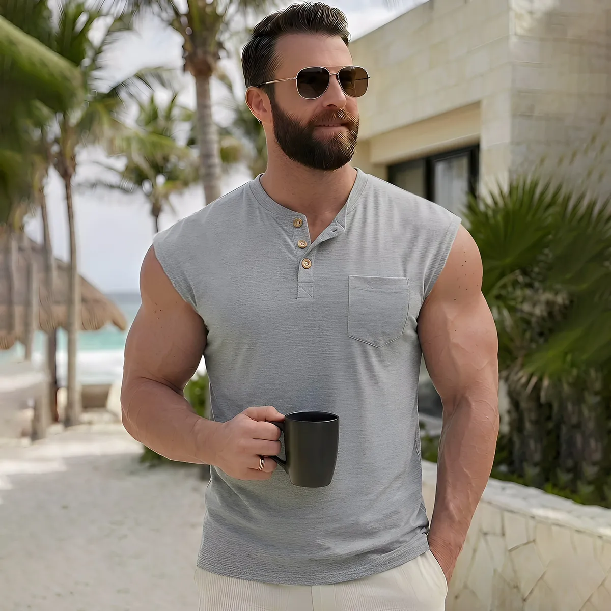 Men's Fashion Casual Summer Solid Color Button Stitching Pocket Lightweight Sleeveless T-Shirt