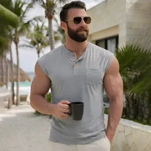 Men's Fashion Casual Summer Solid Color Button Stitching Pocket Lightweight Sleeveless T-Shirt