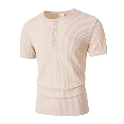 Men'S Fashion Casual Solid Color Buckle Collar Short-Sleeve T-Shirt