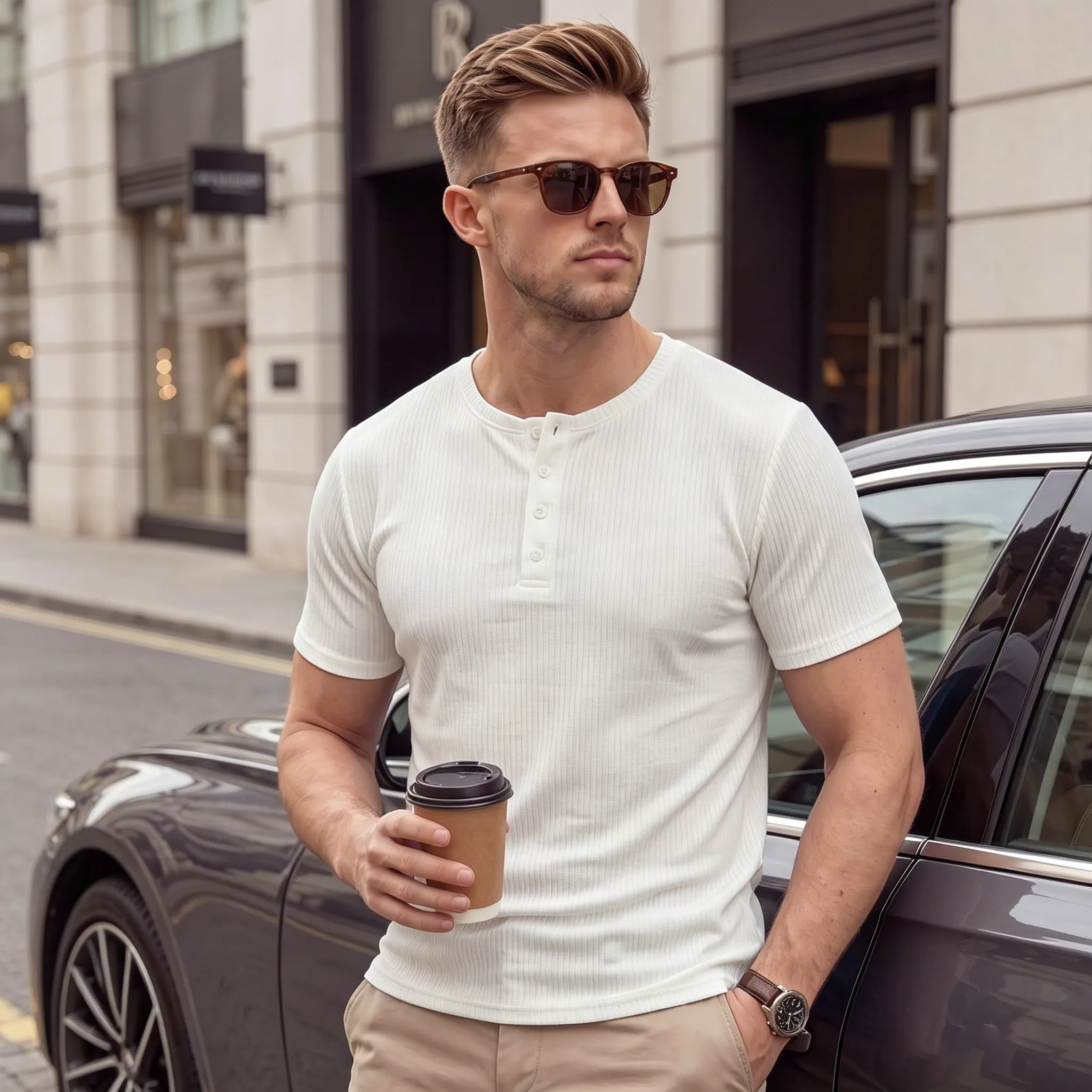 Men'S Fashion Casual Solid Color Buckle Collar Short-Sleeve T-Shirt