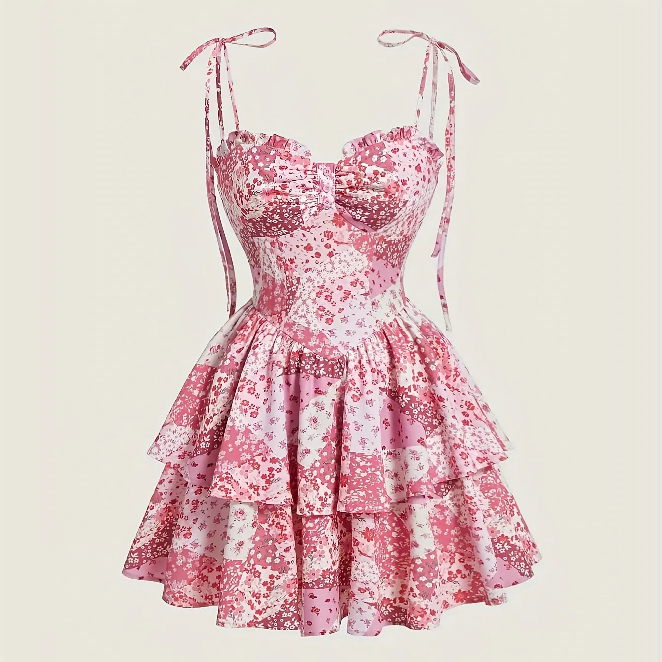 Women Fashion Sexy Printed Spaghetti Strap Ruffled Dress