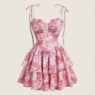 Women Fashion Sexy Printed Spaghetti Strap Ruffled Dress