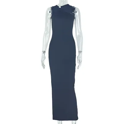 Women Fashion Sexy Elegant Asymmetrical Solid Color Metallic Pleated Sleeveless Dress