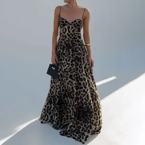Women Fashion Sexy Spring Leopard Print Spaghetti Strap Dress