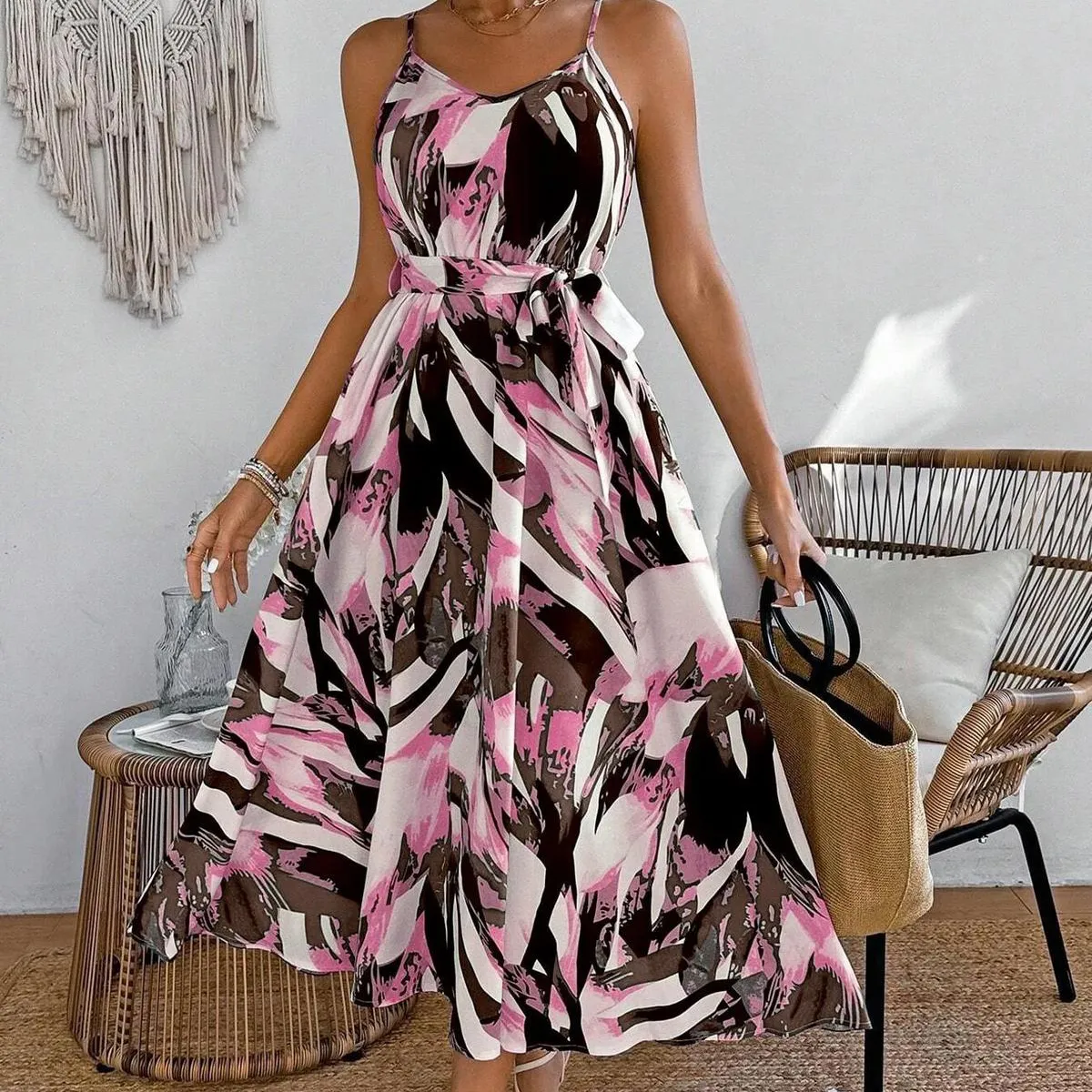 Women Fashion Casual Printed Spaghetti Strap Sleeveless Lace-Up Dress