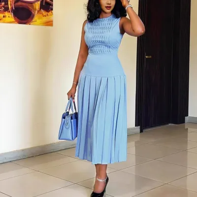 Women Fashion Casual Solid Color Cross Sleeveless Pleated Dress