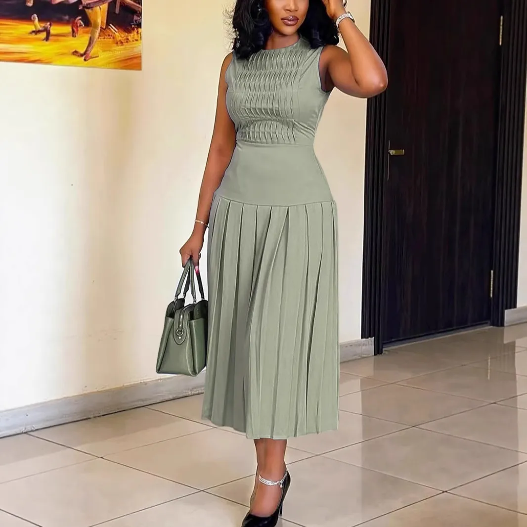 Women Fashion Casual Solid Color Cross Sleeveless Pleated Dress