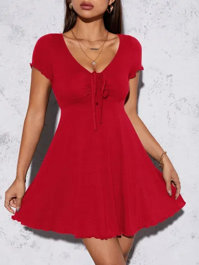 Women Fashion Sexy Solid Color V-Neck Short-Sleeve Dress