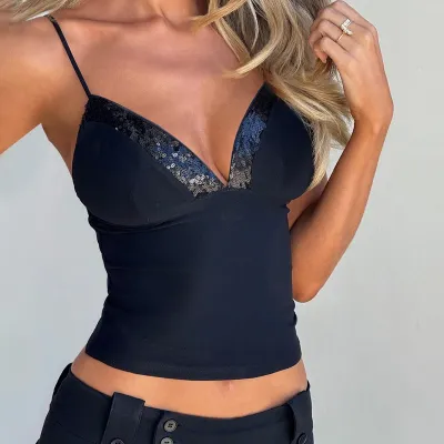 Women Fashion Sexy Summer Sequins Deep V Slim-Fit Backless Camisole
