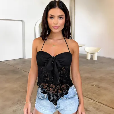 Women Fashion Sexy Summer Solid Color Lace Halter-Neck Slim-Fit Camisole