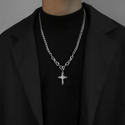 Men's Fashion Hip-Hop Cross Pendant Necklace Geometric Type Alloy Clavicle Chain