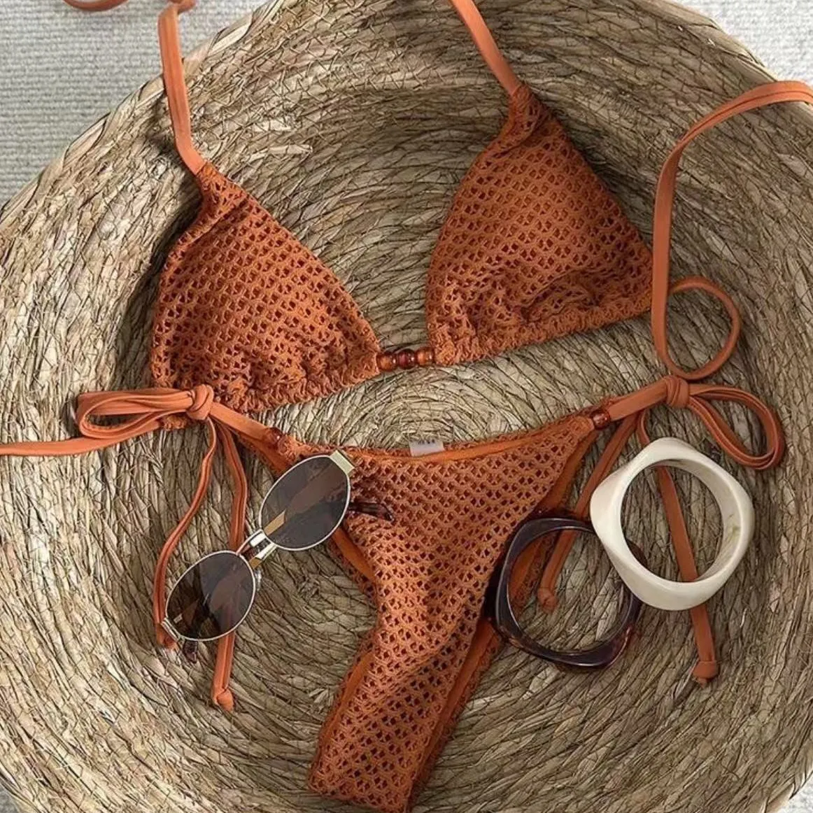 Women Sexy Solid Color Neck Strap Bikini Beach Swimsuit