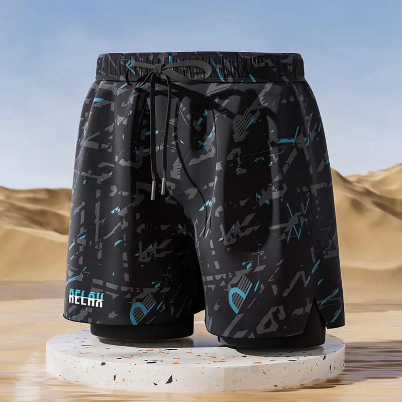 Men's Fashion Casual Printed Double-Layer Quick-Drying Swim Trunks