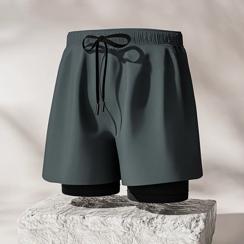 Men's Fashion Casual Solid Color Double-Layer Quick-Drying Swimming Trunks
