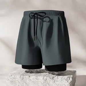 Men's Fashion Casual Solid Color Double-Layer Quick-Drying Swimming Trunks