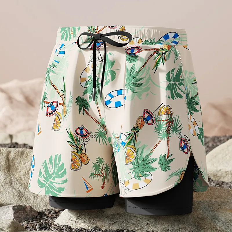 Men's Fashion Casual Printed Double-Layer Quick-Drying Swim Trunks