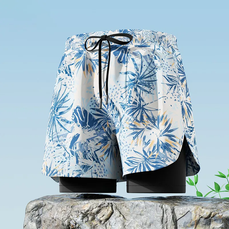 Men's Fashion Casual Printed Double-Layer Quick-Drying Swim Trunks