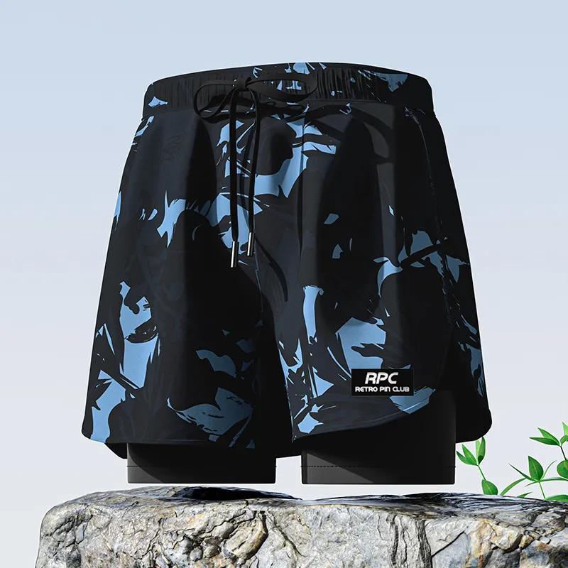Men's Fashion Casual Tiny Flower Printed Double-Layer Quick-Drying Swimming Trunks