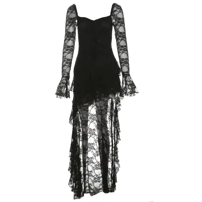 Women Fashion Sexy Solid Color Irregular Square Collar Long Sleeve Lace Stitching Dress