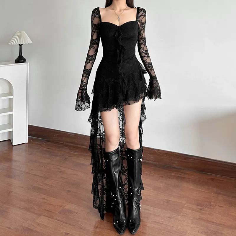 Women Fashion Sexy Solid Color Irregular Square Collar Long Sleeve Lace Stitching Dress