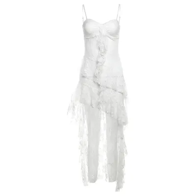Women Fashion Sexy Summer Solid Color Lace Slim-Fit Spaghetti Strap Backless Dress