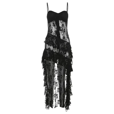Women Fashion Sexy Summer Solid Color Lace Slim-Fit Spaghetti Strap Backless Dress