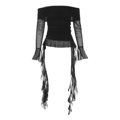Women'S Fashion Sexy Solid Color Off-Shoulder Long-Sleeve Slim-Fit Long Ribbon T-Shirt