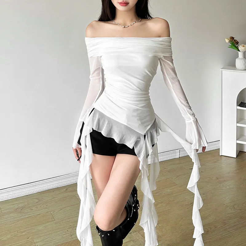 Women'S Fashion Sexy Solid Color Off-Shoulder Long-Sleeve Slim-Fit Long Ribbon T-Shirt
