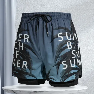 Men's Fashion Casual Printed Double-Layer Zipper Swimming Trunks Polyester