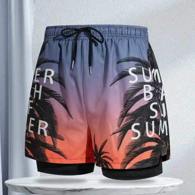 Men's Fashion Casual Printed Double-Layer Zipper Swimming Trunks Polyester