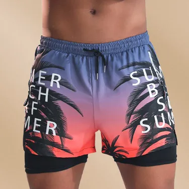 Men's Fashion Casual Printed Double-Layer Zipper Swimming Trunks Polyester