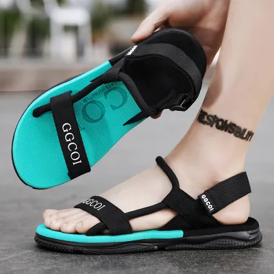 Men's Fashion Casual Simple Summer Dual-Use Non-Slip Flat Beach Sandals with Velcro