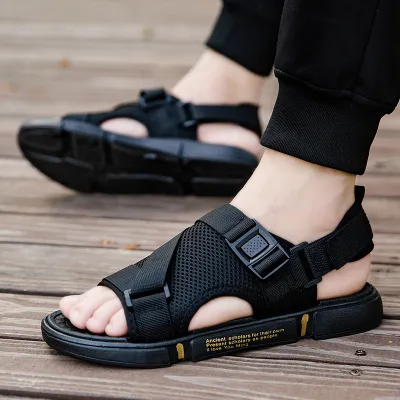 Men's Casual Solid Color Velcro Open-Toed Sandals with Mesh Upper