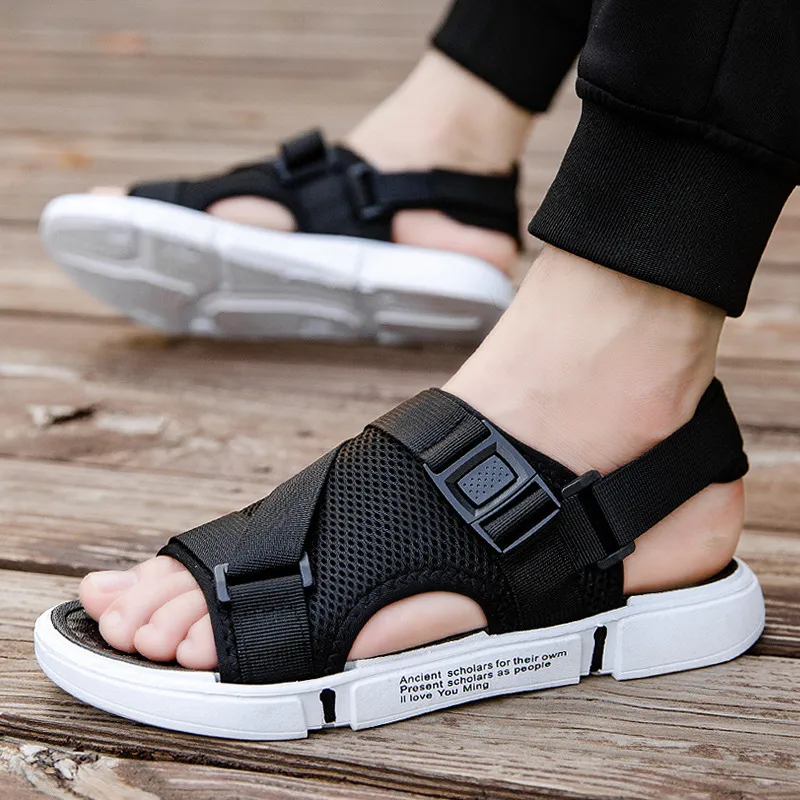 Men's Casual Solid Color Velcro Open-Toed Sandals with Mesh Upper