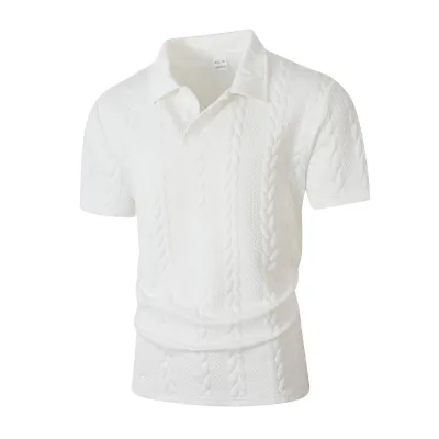 Men Fashion Casual Solid Color Jacquard Lapel Short Sleeve Polo Shirt Spring Summer