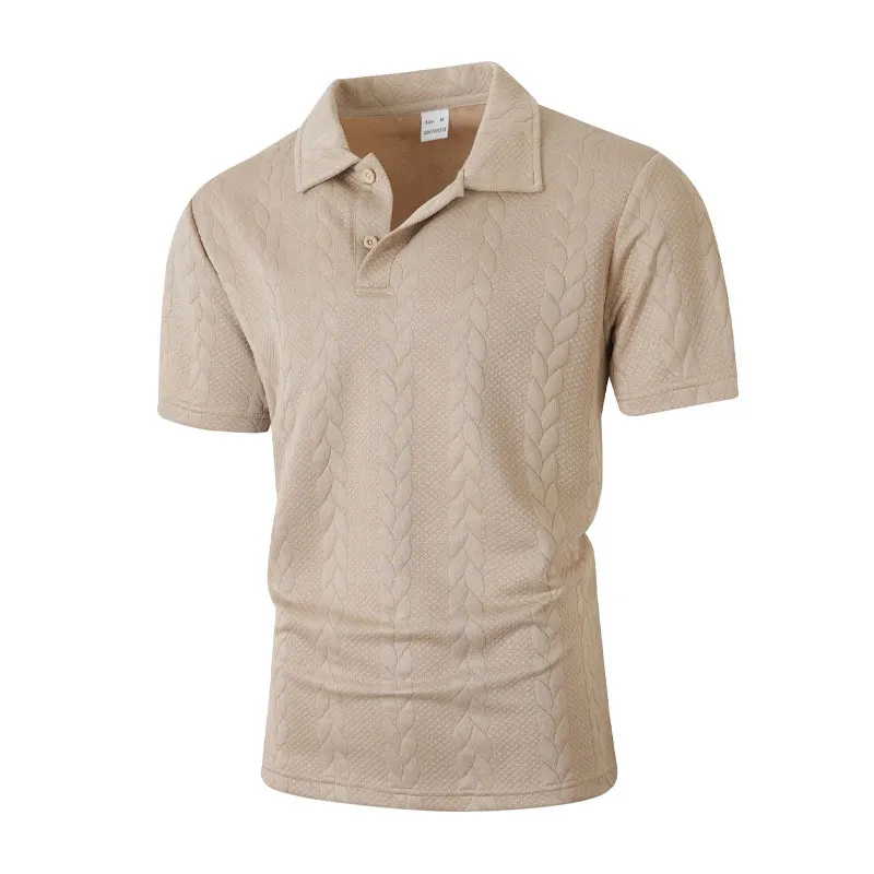 Men Fashion Casual Solid Color Jacquard Lapel Short Sleeve Polo Shirt Spring Summer