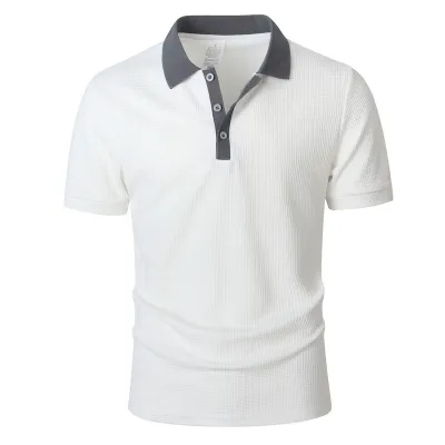 Men's Fashion Casual Summer Stitching Multi-Button Lapel Short Sleeve Polo Shirt