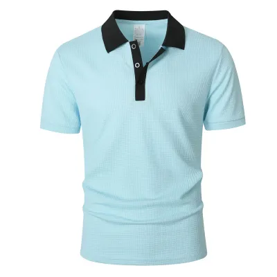 Men's Fashion Casual Summer Stitching Multi-Button Lapel Short Sleeve Polo Shirt