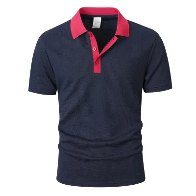 Men's Fashion Casual Summer Stitching Multi-Button Lapel Short Sleeve Polo Shirt
