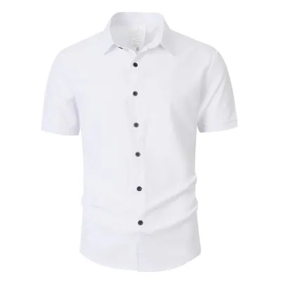 Men Fashion Casual Summer Solid Color Short Sleeve Lapel Cardigan Shirt No Pockets