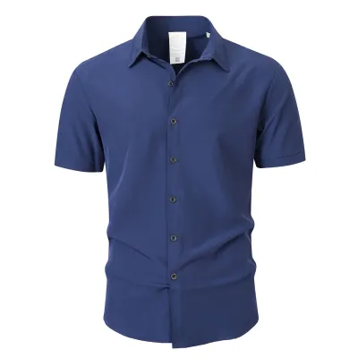 Men Fashion Casual Summer Solid Color Short Sleeve Lapel Cardigan Shirt No Pockets